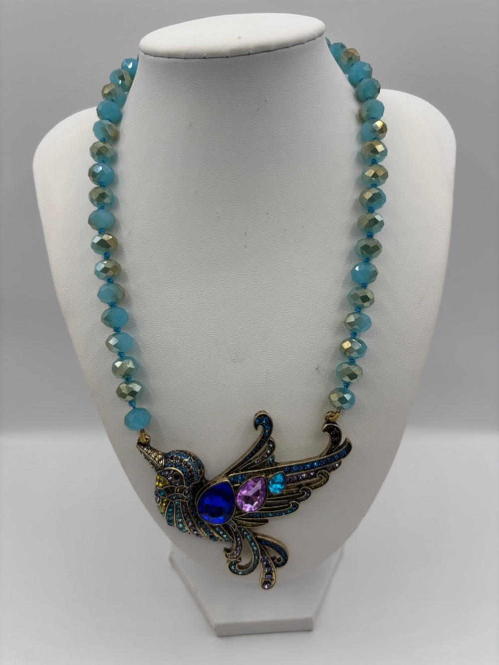 Turquoise Beaded Bird Pendant Necklace - Blue & Purple JP456